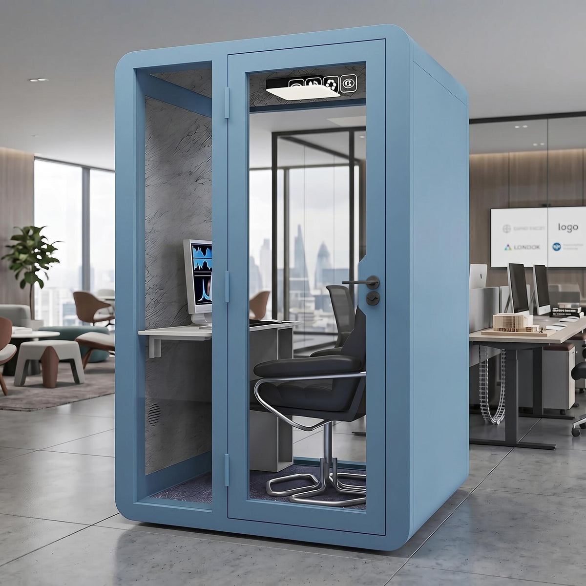 Soundproof Office Pod with Glass EnclosureAir Ventilation & Desk Surface