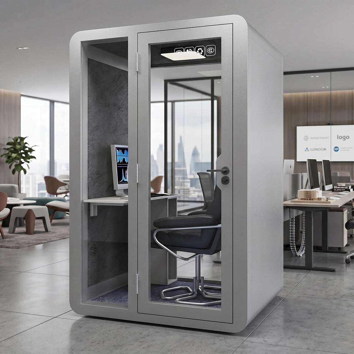 Soundproof Office Pod with Glass EnclosureAir Ventilation & Desk Surface