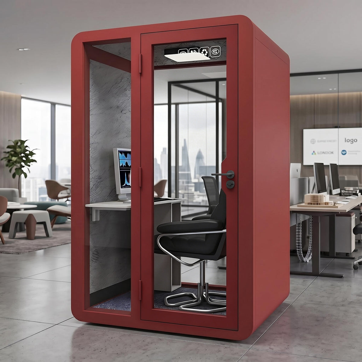 Soundproof Office Pod with Glass EnclosureAir Ventilation & Desk Surface