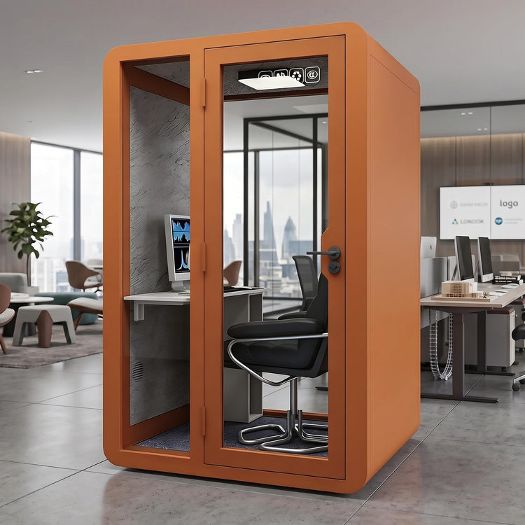 Soundproof Office Pod with Glass EnclosureAir Ventilation & Desk Surface