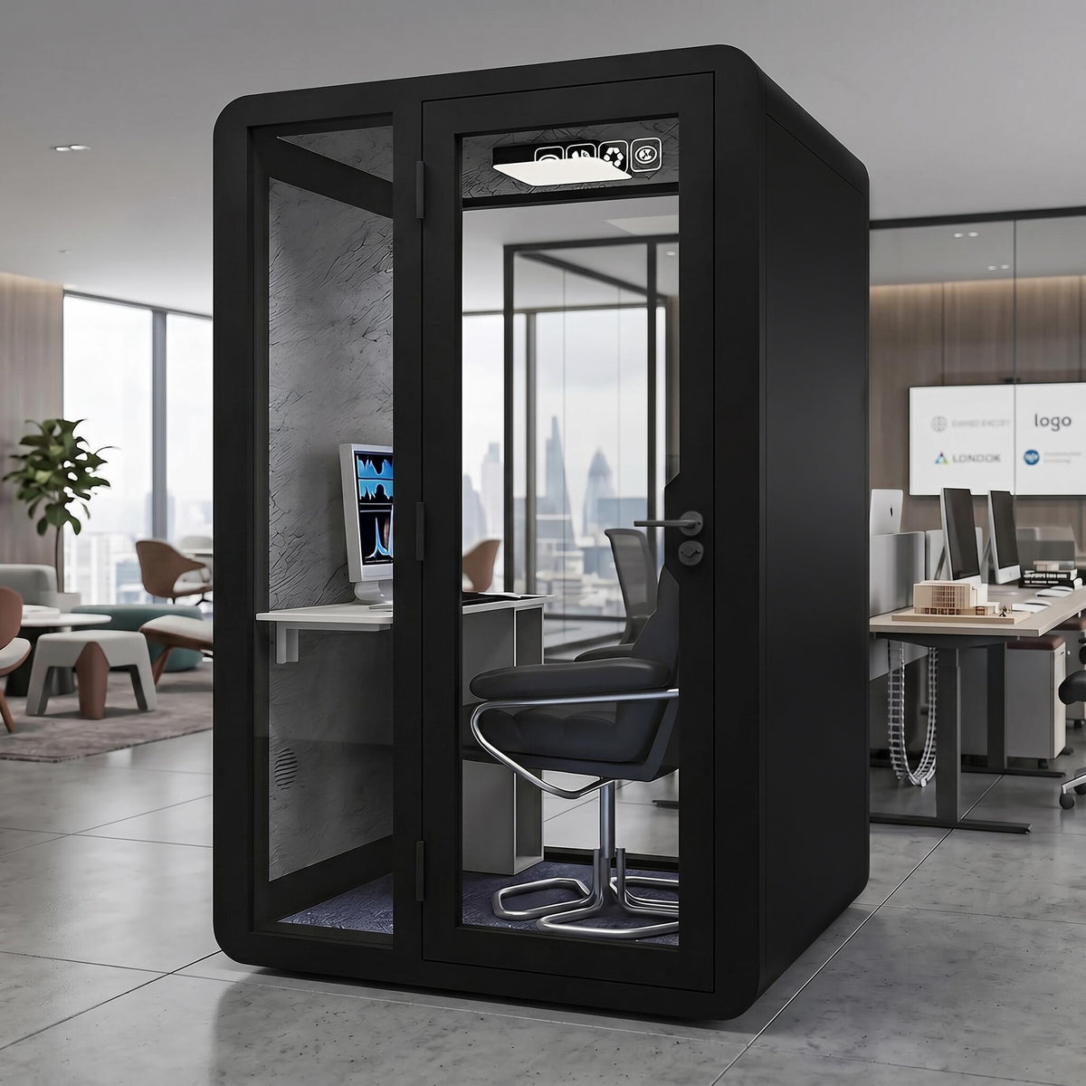 Soundproof Office Pod with Glass EnclosureAir Ventilation & Desk Surface