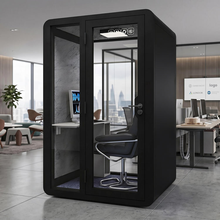 Soundproof Office Pod with Glass EnclosureAir Ventilation & Desk Surface