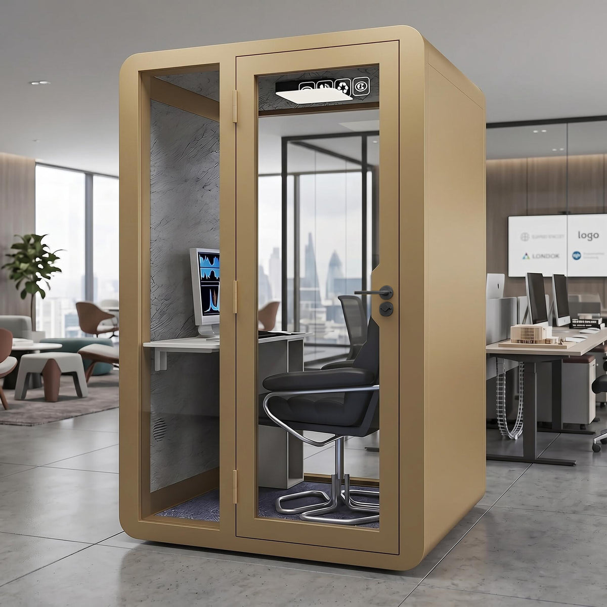 Soundproof Office Pod with Glass EnclosureAir Ventilation & Desk Surface