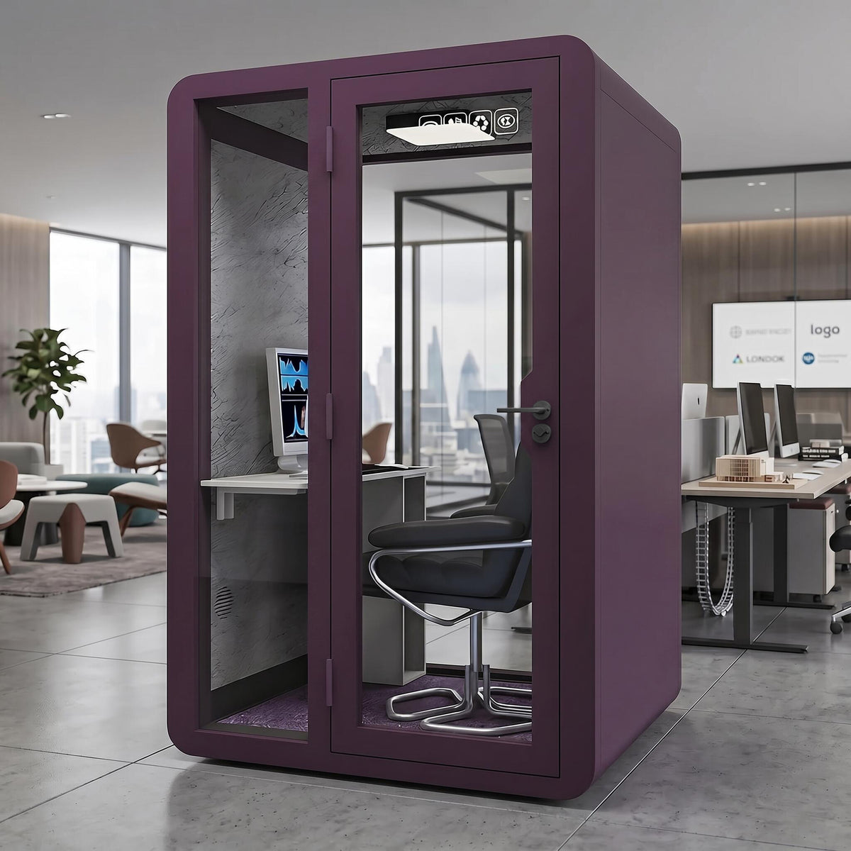 Soundproof Office Pod with Glass EnclosureAir Ventilation & Desk Surface