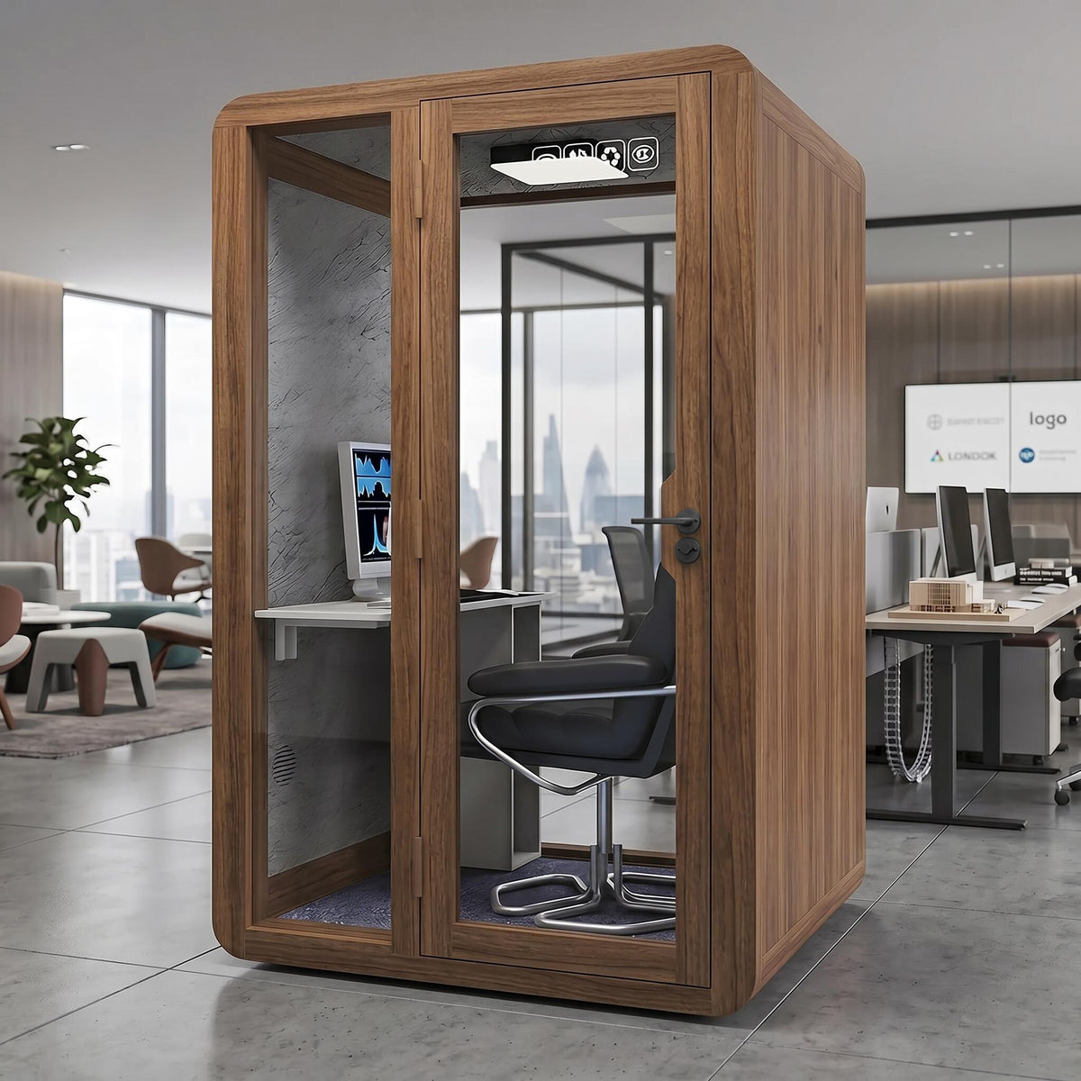 Soundproof Office Pod with Glass EnclosureAir Ventilation & Desk Surface