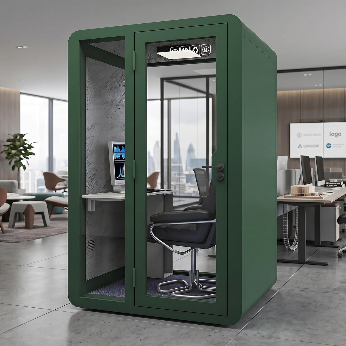 Soundproof Office Pod with Glass EnclosureAir Ventilation & Desk Surface