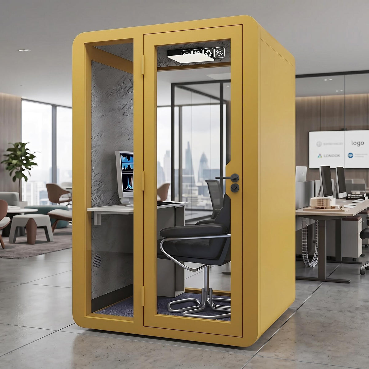 Soundproof Office Pod with Glass EnclosureAir Ventilation & Desk Surface